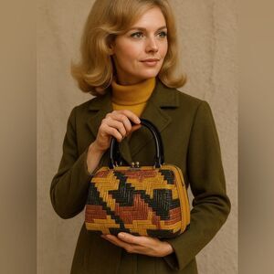Vintage 60s 70s Woven Box Purse Mustard Yellow Mod Geometric Basket Bag retro